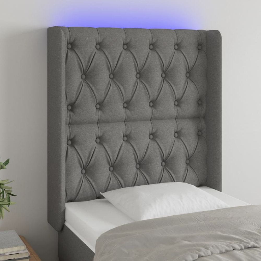 Vidaxl Čelo postele s LED tmavosivé 83x16x118/128 cm látka